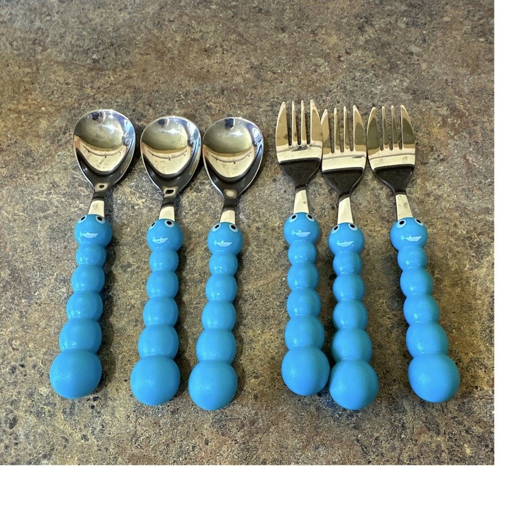 ANNOVA Blue Silver Stainless Steel Baby Spoon Fork Cutlery Set